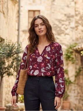 Old Navy Burgundy Floral Blouse with Long Sleeves